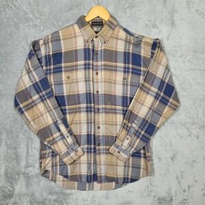 Eddie Bauer Sonoma Heathers Shirt Mens Large Blue Tan Plaid Flannel Button Down